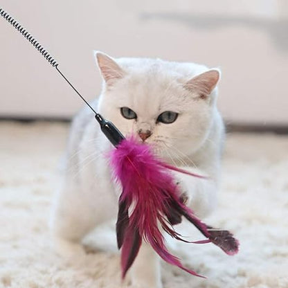 Cat Spring Treaser, Feather Dangler Wand, Interactive Stick Toy for Cats & Kittens