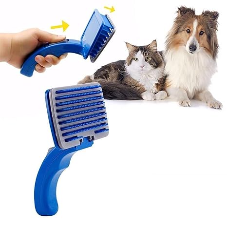 Small Pet Grooming Slicker - (Blue Slicker) | Dogs, Cats, Rabbit & Goat | Long & Short Hair | Shedding Massage Brush | Rectangle Head & Curved Handle Self-Cleaning Pet Comb