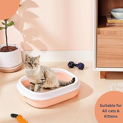 Cat Litter Box Tray with Free Scooper | Semi Closed Design and Durable Quality | Suitable for All Adult Cats & Kittens (Colour may vary)