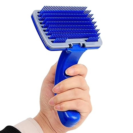 Small Pet Grooming Slicker - (Blue Slicker) | Dogs, Cats, Rabbit & Goat | Long & Short Hair | Shedding Massage Brush | Rectangle Head & Curved Handle Self-Cleaning Pet Comb